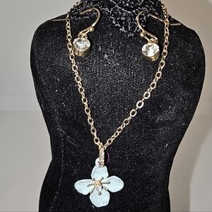 Gold and Blue Floral Pendant Necklace and Rhinestone Earring Set